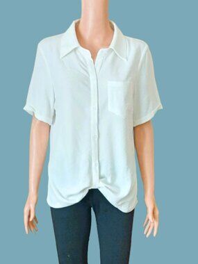 Cici Bird White Button Up Blouse M Knot Waist Short Cuff Sleeve Collared Top